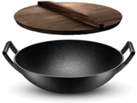 Wok din fontă 36 cm cu capac din lemn 